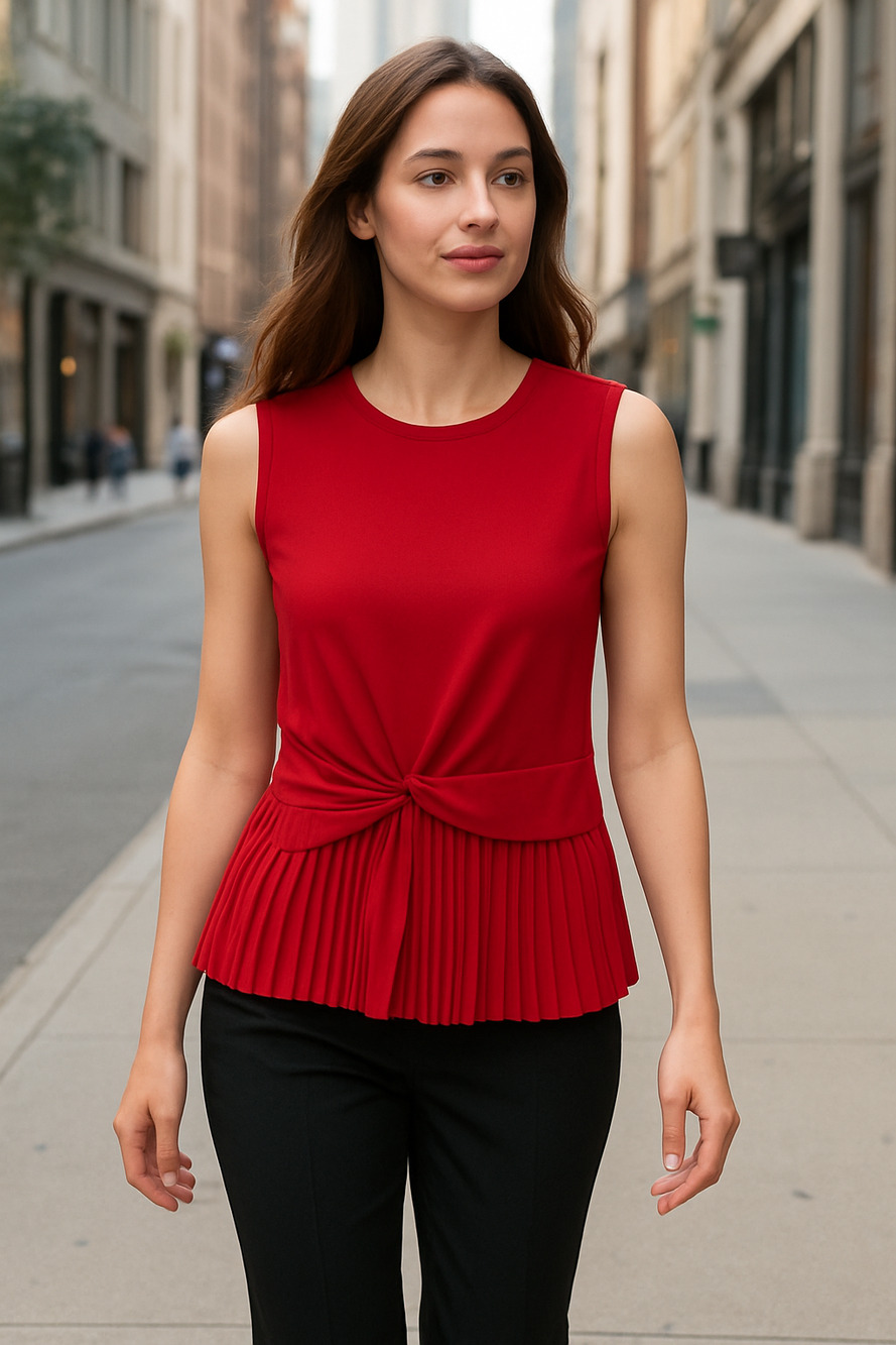 New DKNY Red sleeveless knot front pleated career blouse size Medium